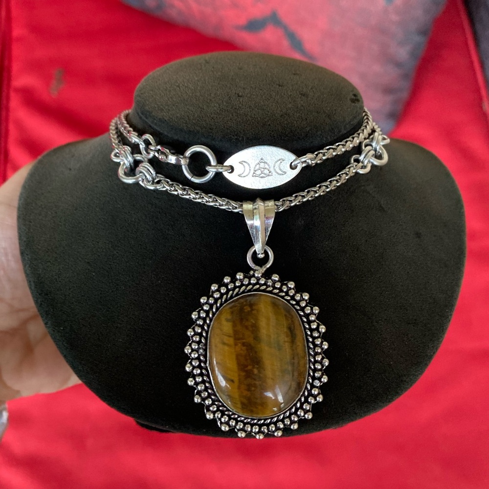 925 Sterling silver overlay golden brown tiger eye gemstone steel boho necklace - Picture 12 of 13